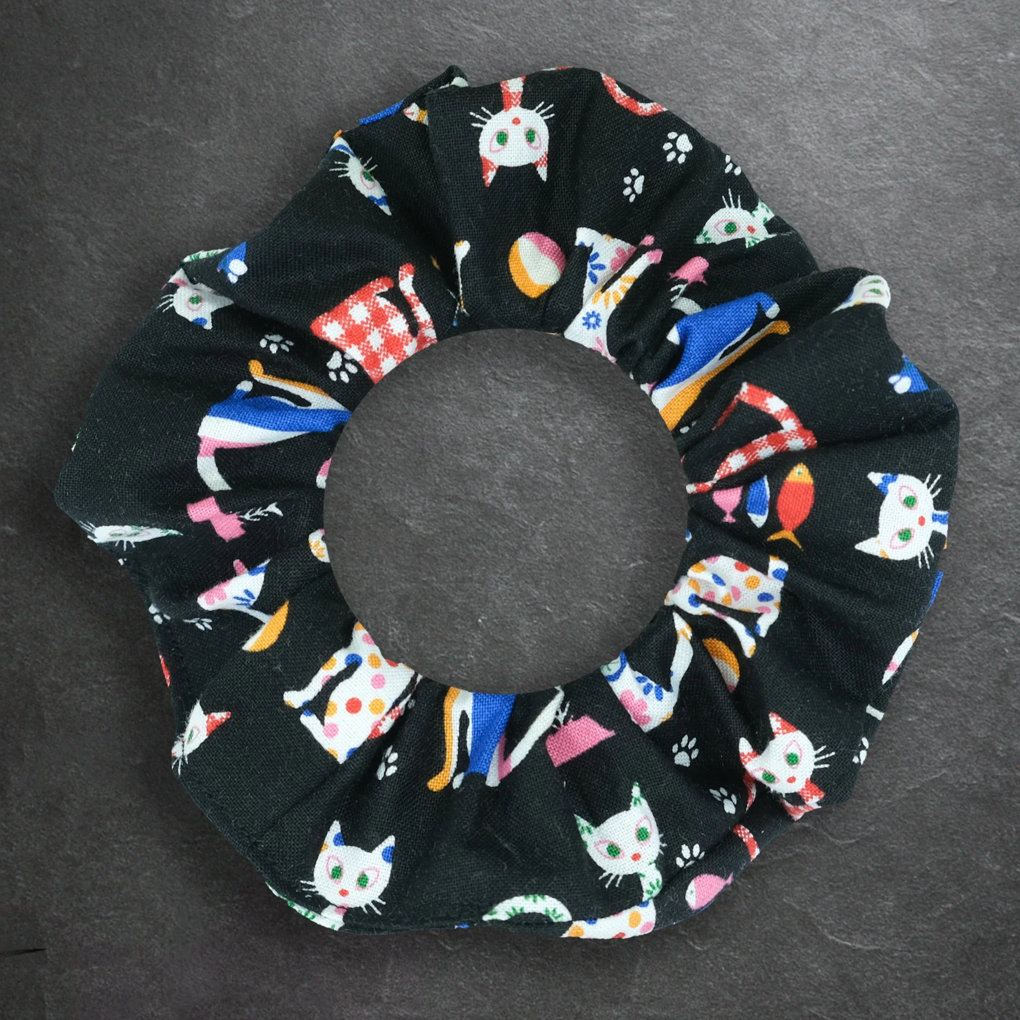 Black Axis Range scrunchie with patterned cats, handmade alternative hair accessory by Creatoria Nyx