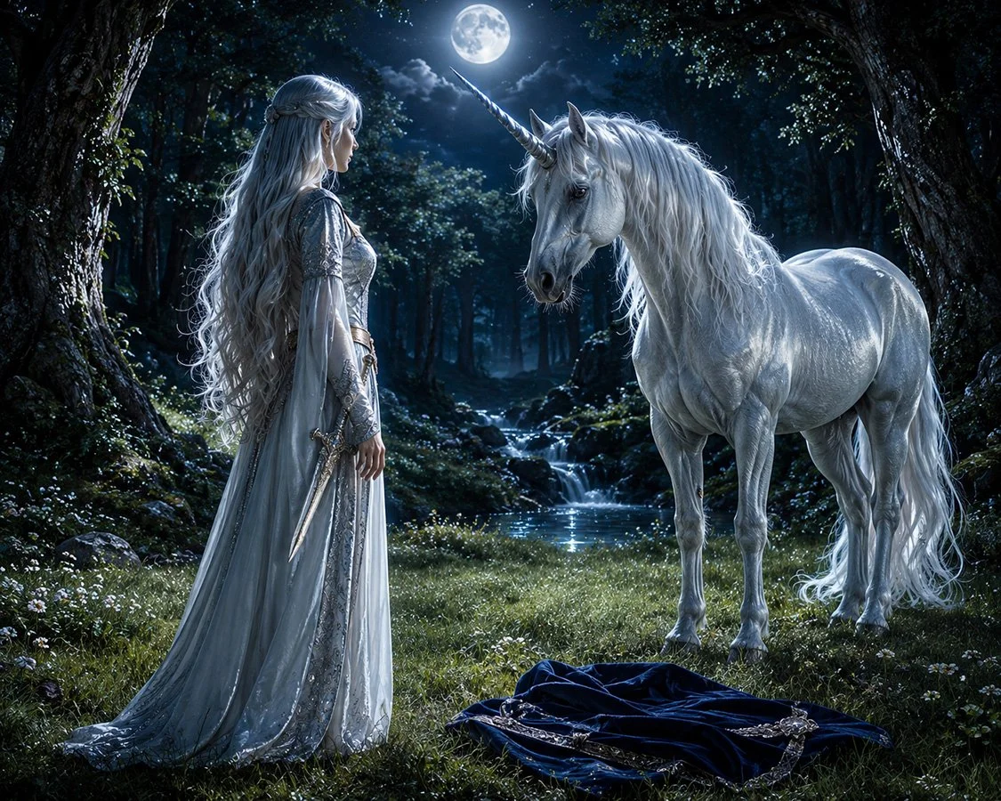AI Illustration for story “The Quest for the Unicorn” by Catherine Knee. A silver haired woman in a flowing gown stands in a moonlit forest glade facing a majestic white unicorn, her cloak resting on the grass as ancient trees surround them.