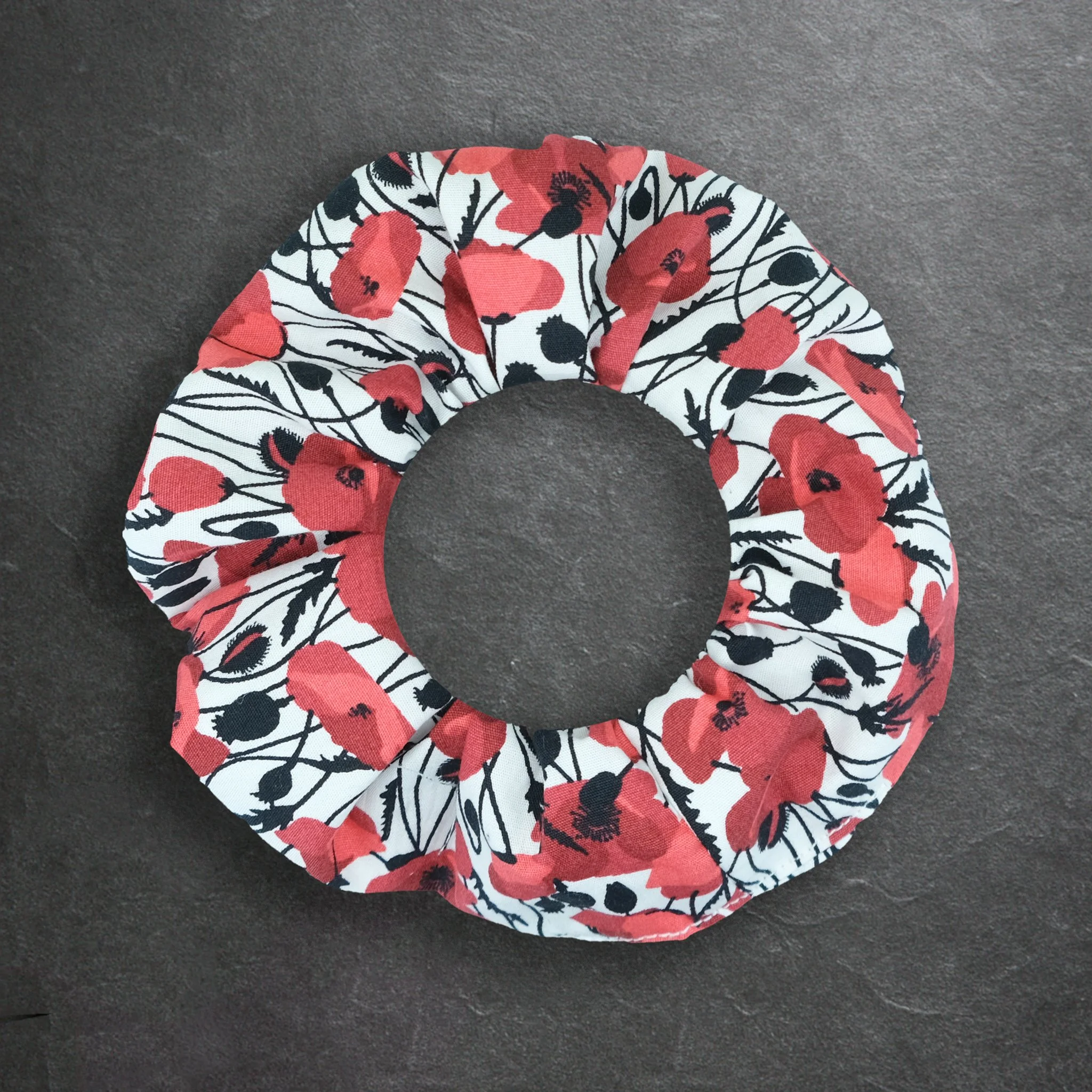 White Axis Range scrunchie with red poppies, handmade alternative hair accessory by Creatoria Nyx