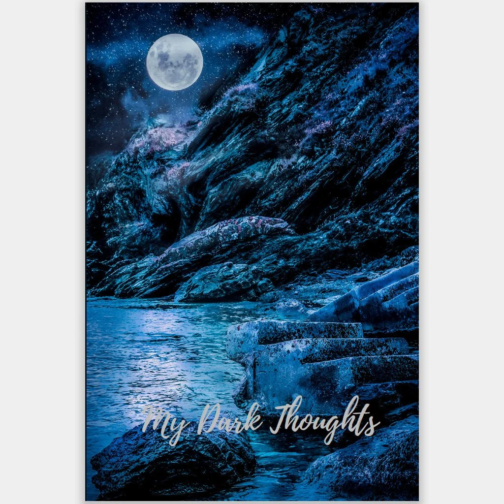 Square thumbnail of notebook front cover with moonlit rocky coastline in deep blue tones and the title My Dark Thoughts