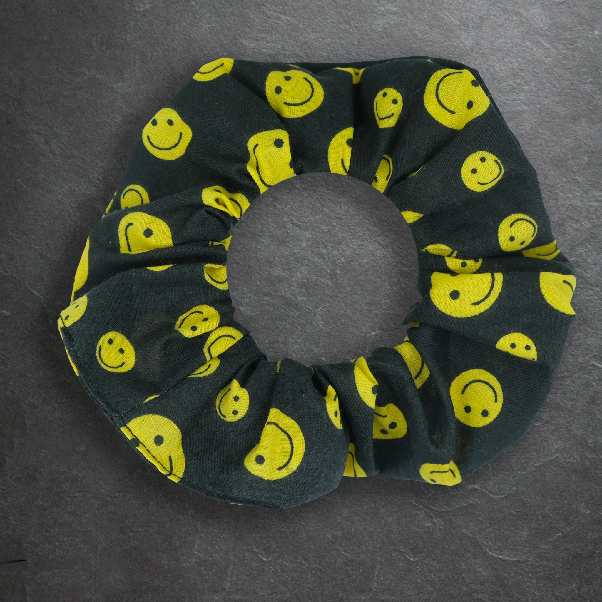 Black Axis Range scrunchie with yellow smiley, handmade alternative hair accessory by Creatoria Nyx
