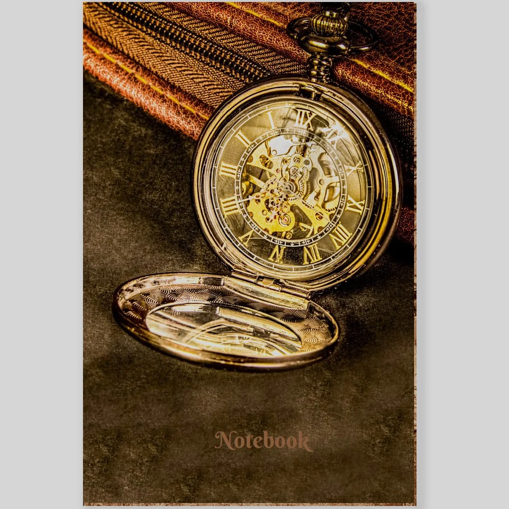 Square thumbnail of notebook front cover with vintage pocket watch and leather wallet design