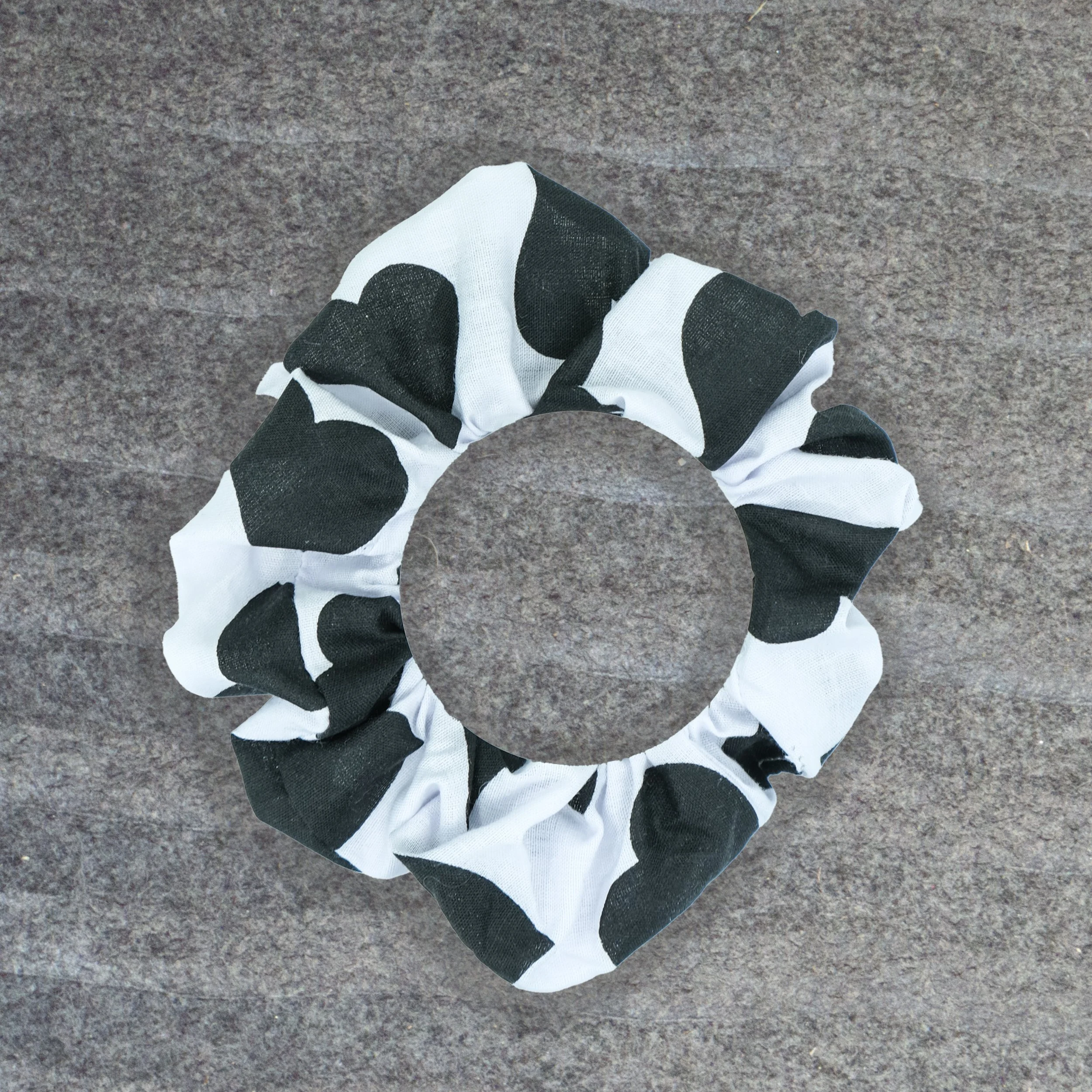 White Axis Range scrunchie with black heart pattern, handmade gothic hair accessory by Creatoria Nyx