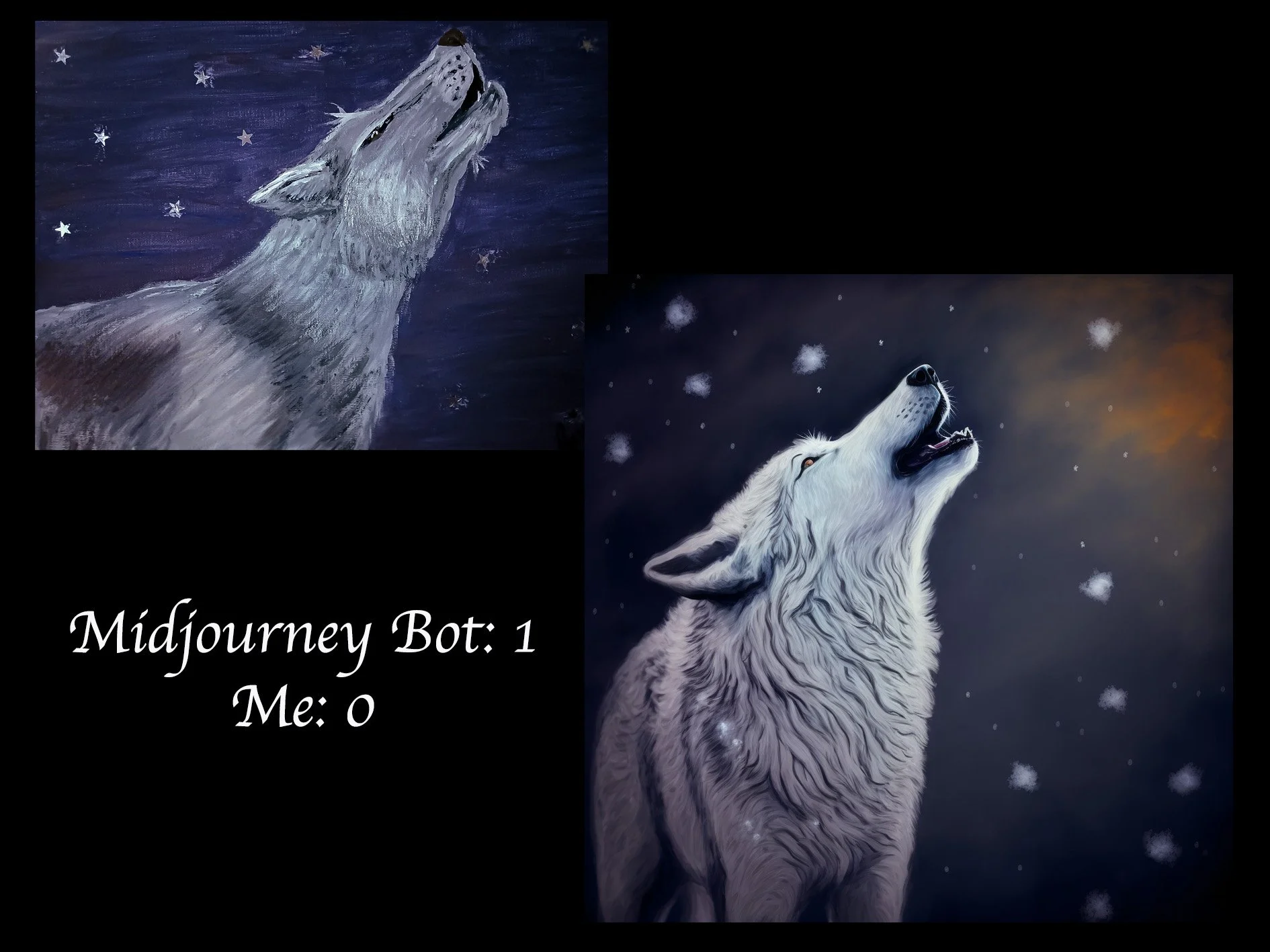 Catherine Knee Wolf Lord painting and the Midjourney Bot version of it