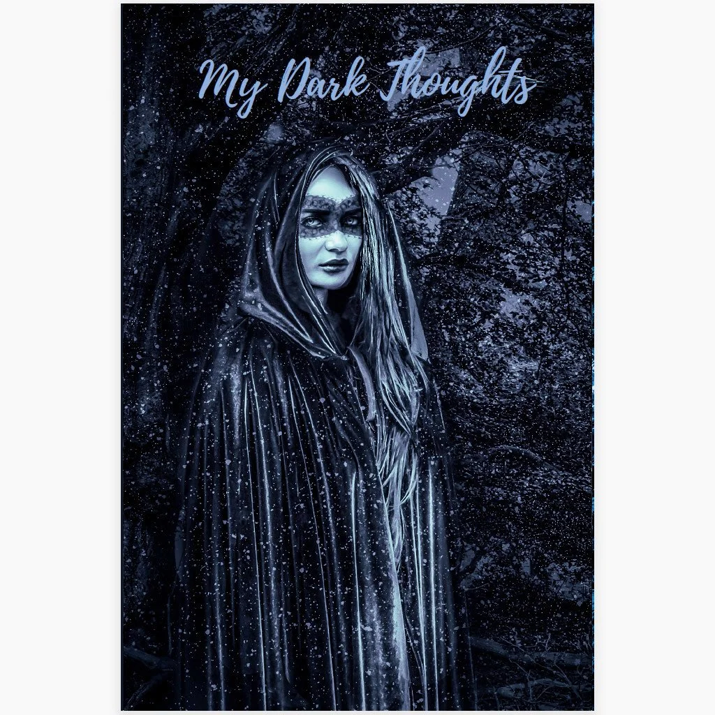 Square thumbnail of notebook front cover with mysterious figure in a hooded cloak and mask standing in a dark forest, titled My Dark Thoughts