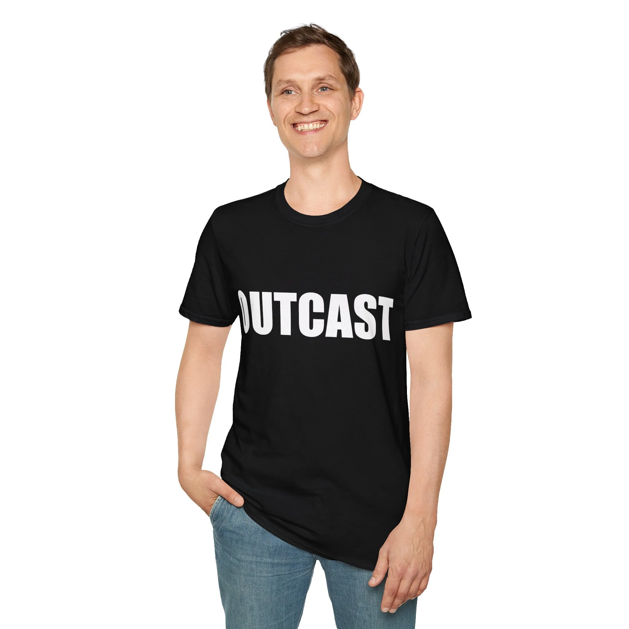 Outcast slogan T-shirt worn by model. Black shirt with bold white text design.