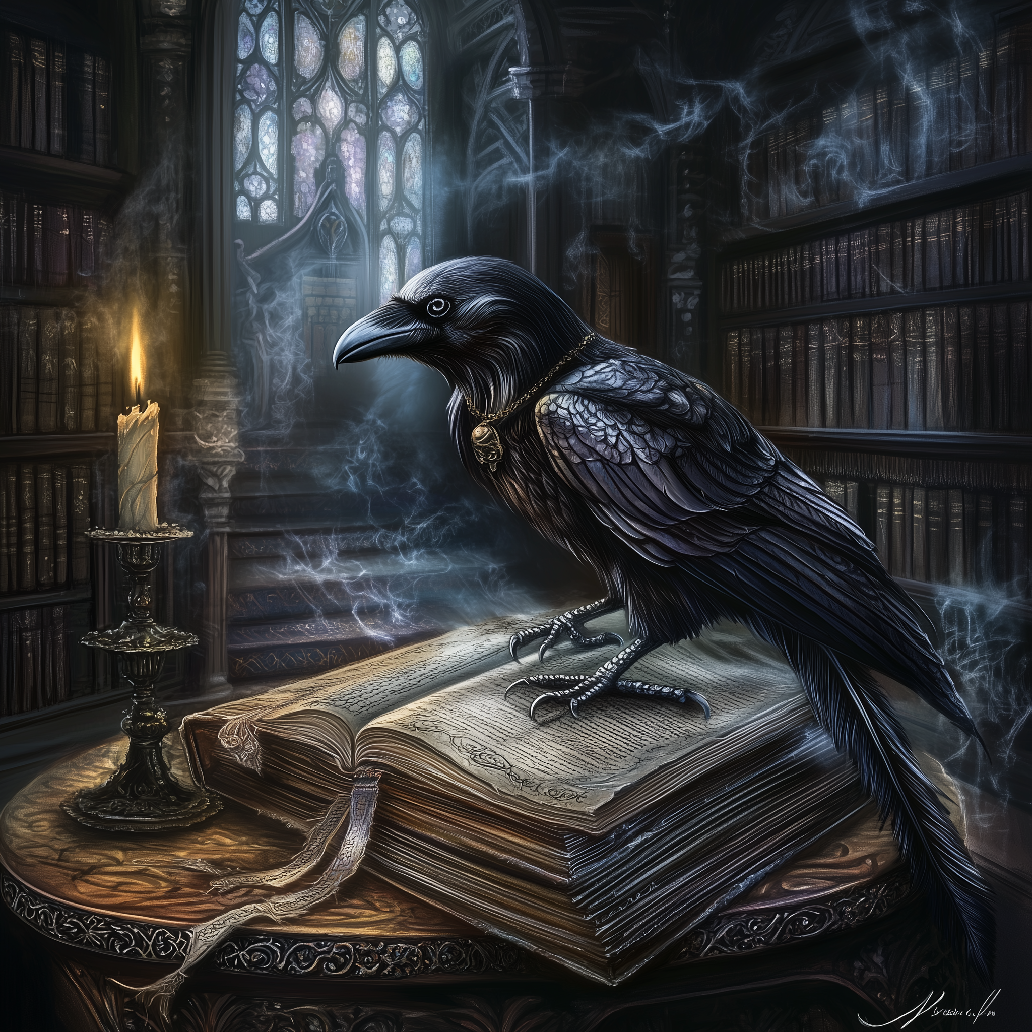 A raven perched on a book near a candle in a gothic library