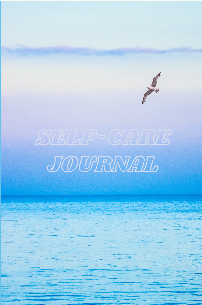 Front cover of Self Care Journal – muted dusk sea view with seagull in pink and blue tones