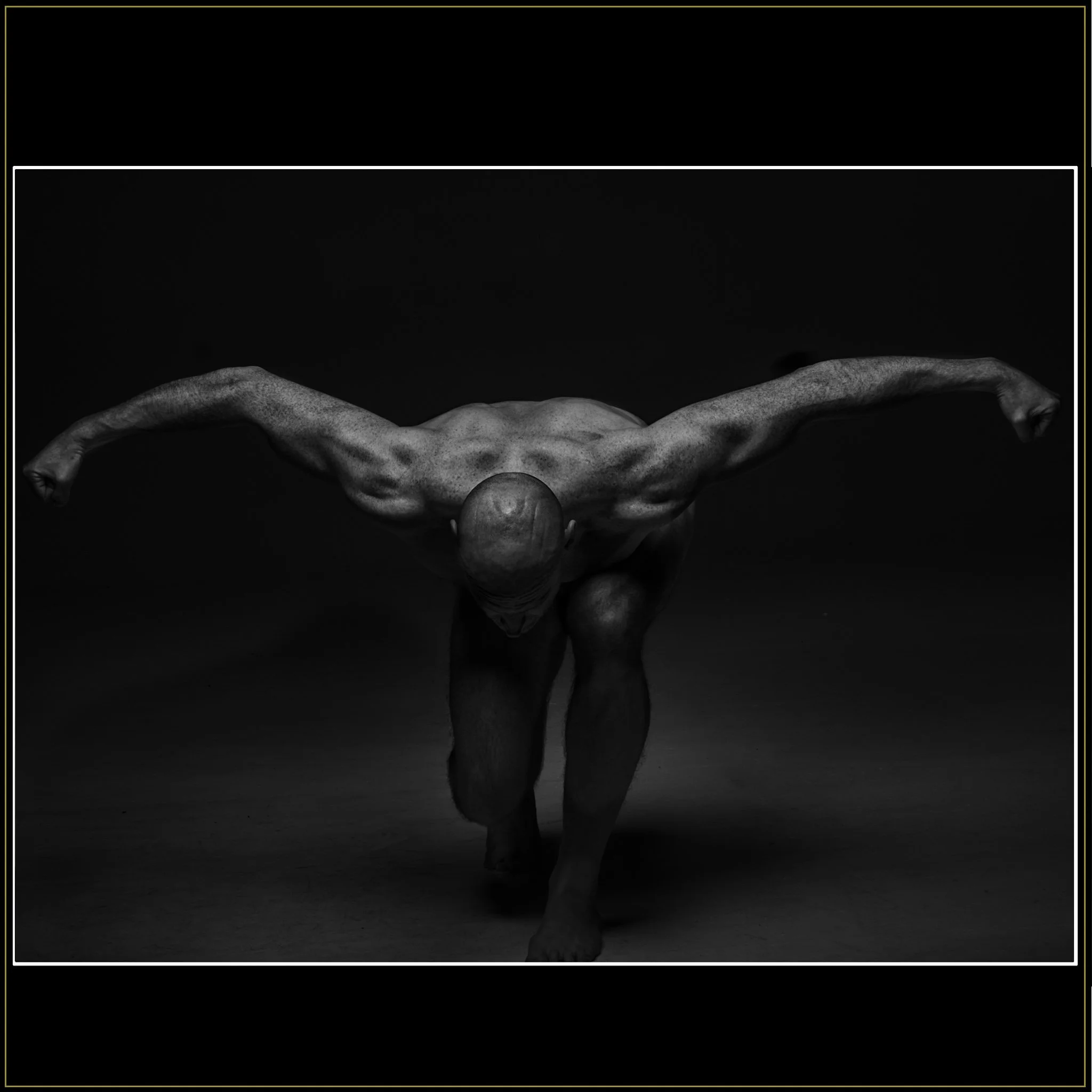 Falcon – Fine Art Nude Photography by Catherine Knee. A nude male figure with a shaved head poses in a powerful stance, arms outstretched like wings and body leaning forward, evoking the form and strength of a bird of prey.