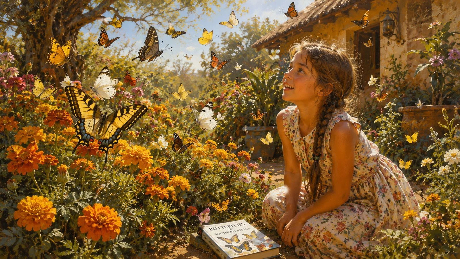 AI Illustration for poem "Where Have the Butterflies Gone?" by Catherine Knee. A young girl watches colourful butterflies dancing above marigolds in a sunlit Zimbabwean garden, capturing childhood wonder and nature.