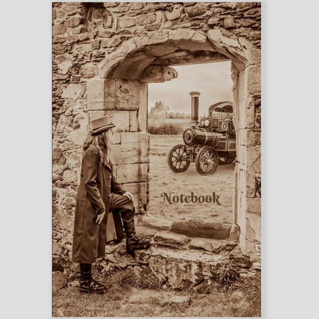 Square thumbnail of notebook front cover with steampunk style scene of a person in long coat and hat looking through a stone window at a vintage steam engine