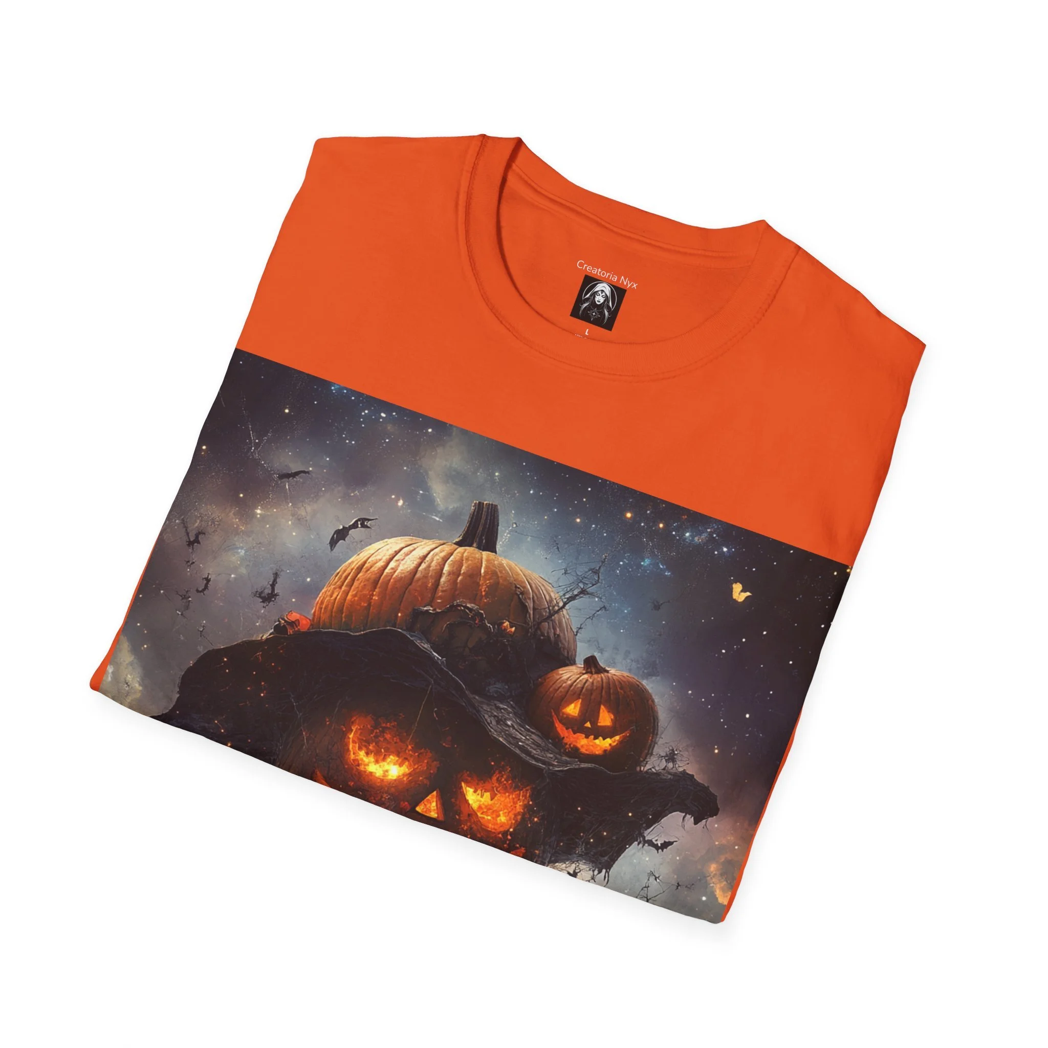 Orange Halloween Range Tshirt with Spooky Scarecrow, fiery eyed pumpkin scarecrow design, folded view