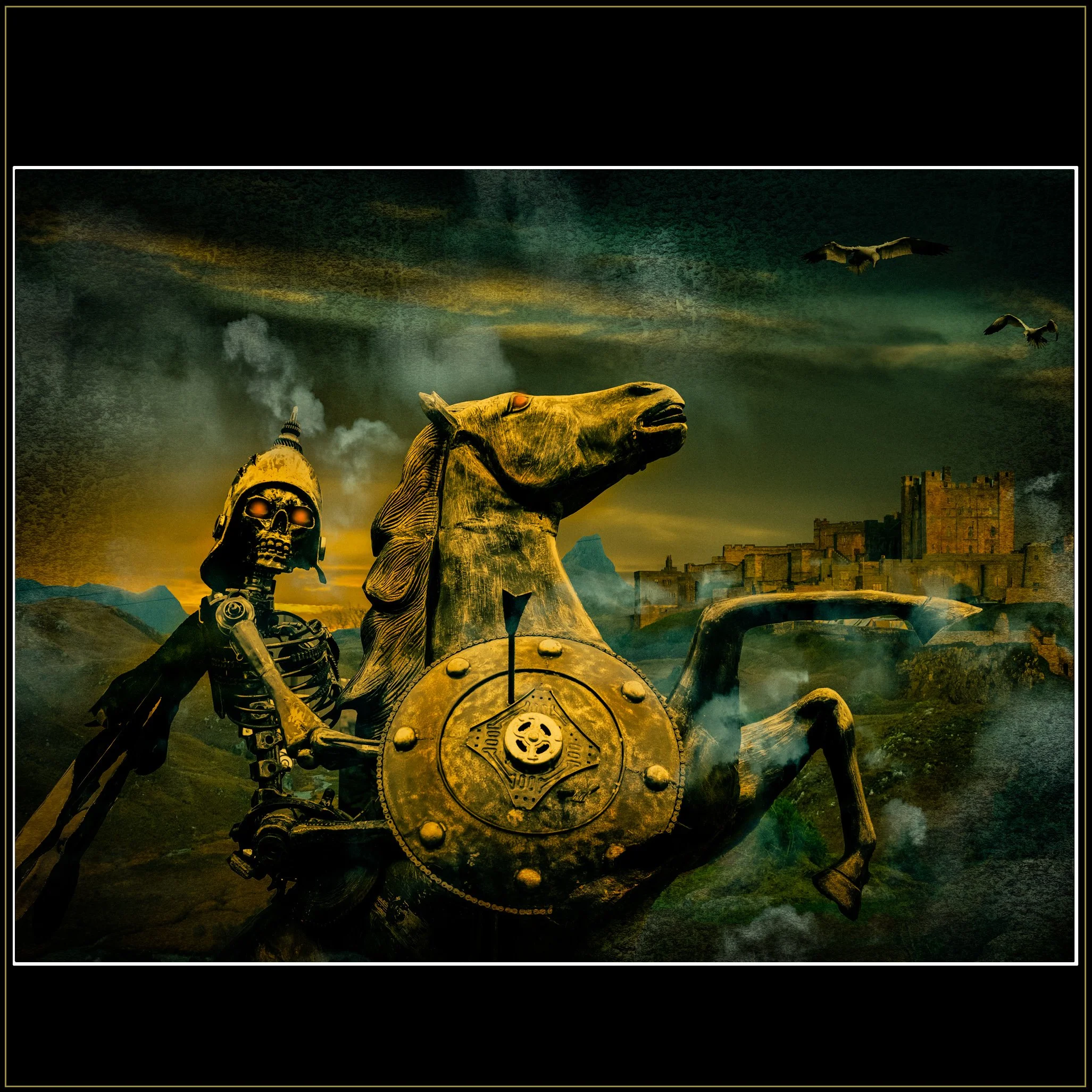 Death Rides a Stone Horse Dark-Art Photography by Catherine Knee. Dark fantasy composite of skeletal rider on stone horse with shield, misty landscape, castle and birds in a dramatic apocalyptic scene.