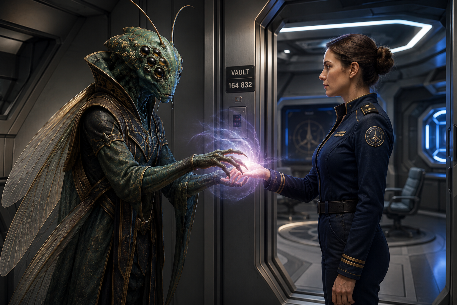 AI Illustration for story “The Scanner” by Catherine Knee. Insectoid alien psychic officer performing a telepathic scan on a human starship captain inside a futuristic space station vault.