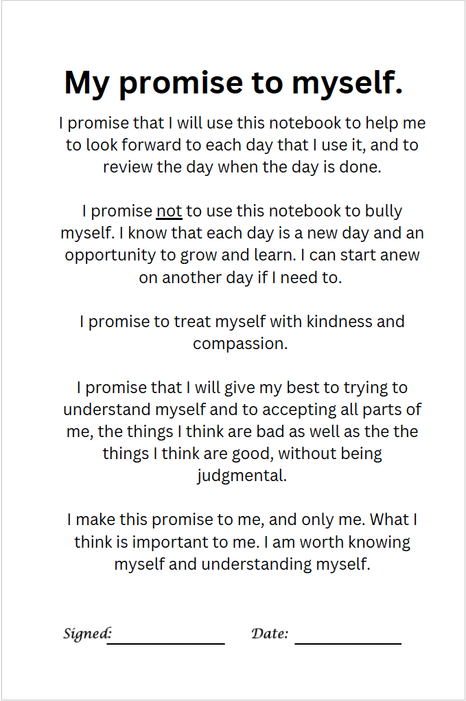 Inside page of Self Care Journal – “Promise to Myself” affirmation section