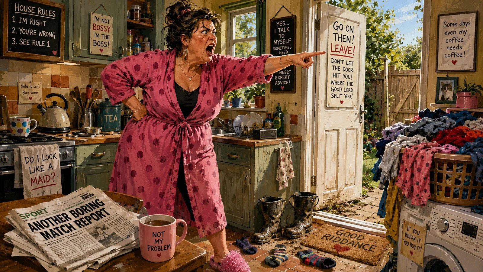 AI Illustration for poem "Oh, Really!" by Catherine Knee. A furious middle aged woman stands in a cluttered kitchen pointing towards an open back door during a heated domestic argument.