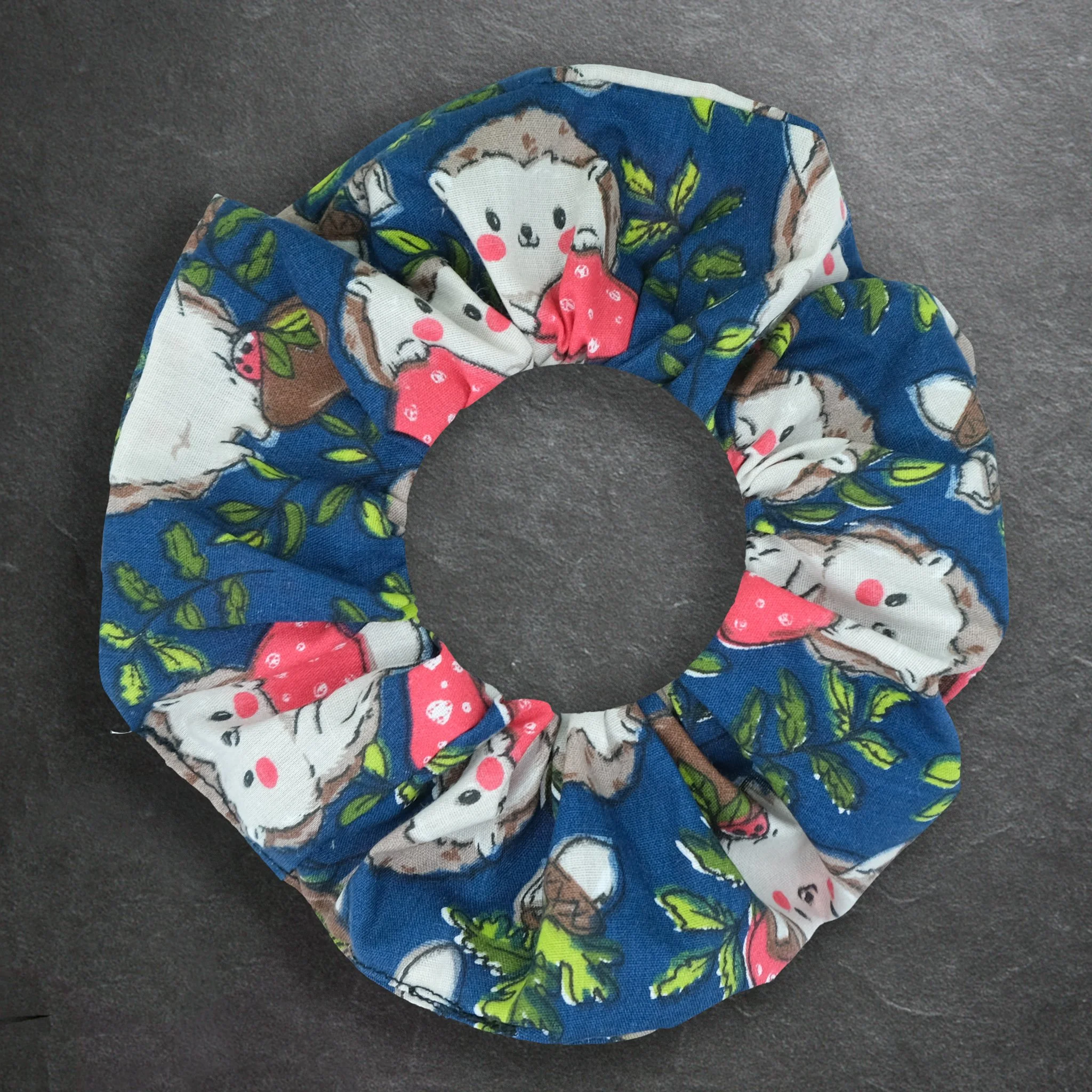 Dark Blue Axis Range scrunchie with hedgehogs and toadstools, handmade gothic hair accessory by Creatoria Nyx