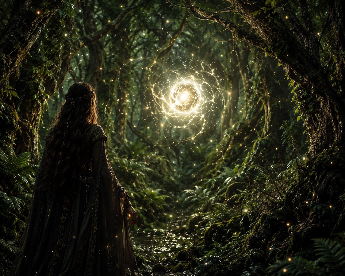 AI Illustration for poem “Witch Light” by Catherine Knee. Fantasy woman with long flowing hair standing in an ancient enchanted forest before a glowing silver orb surrounded by magical light and mist.