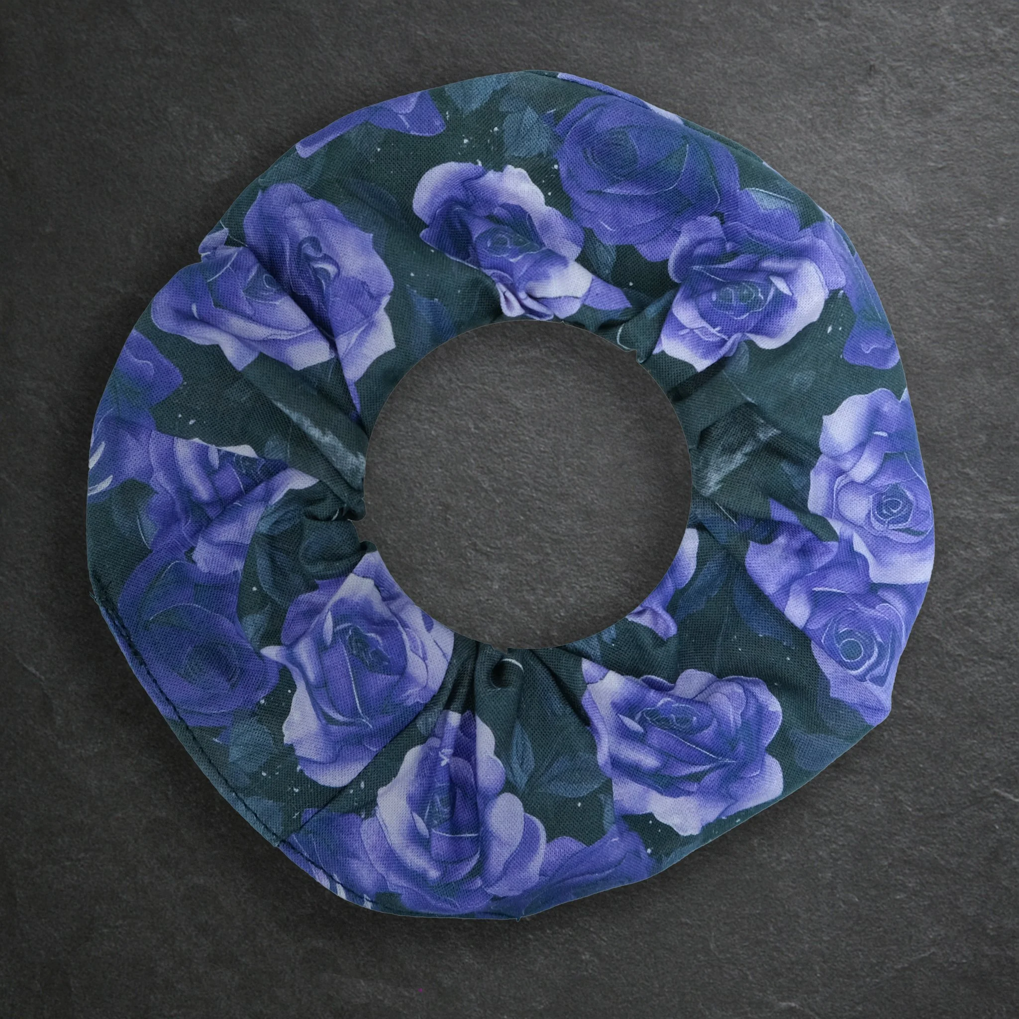 Charcoal grey Signature Range scrunchie with bats and purple roses, handmade gothic hair accessory by Creatoria Nyx