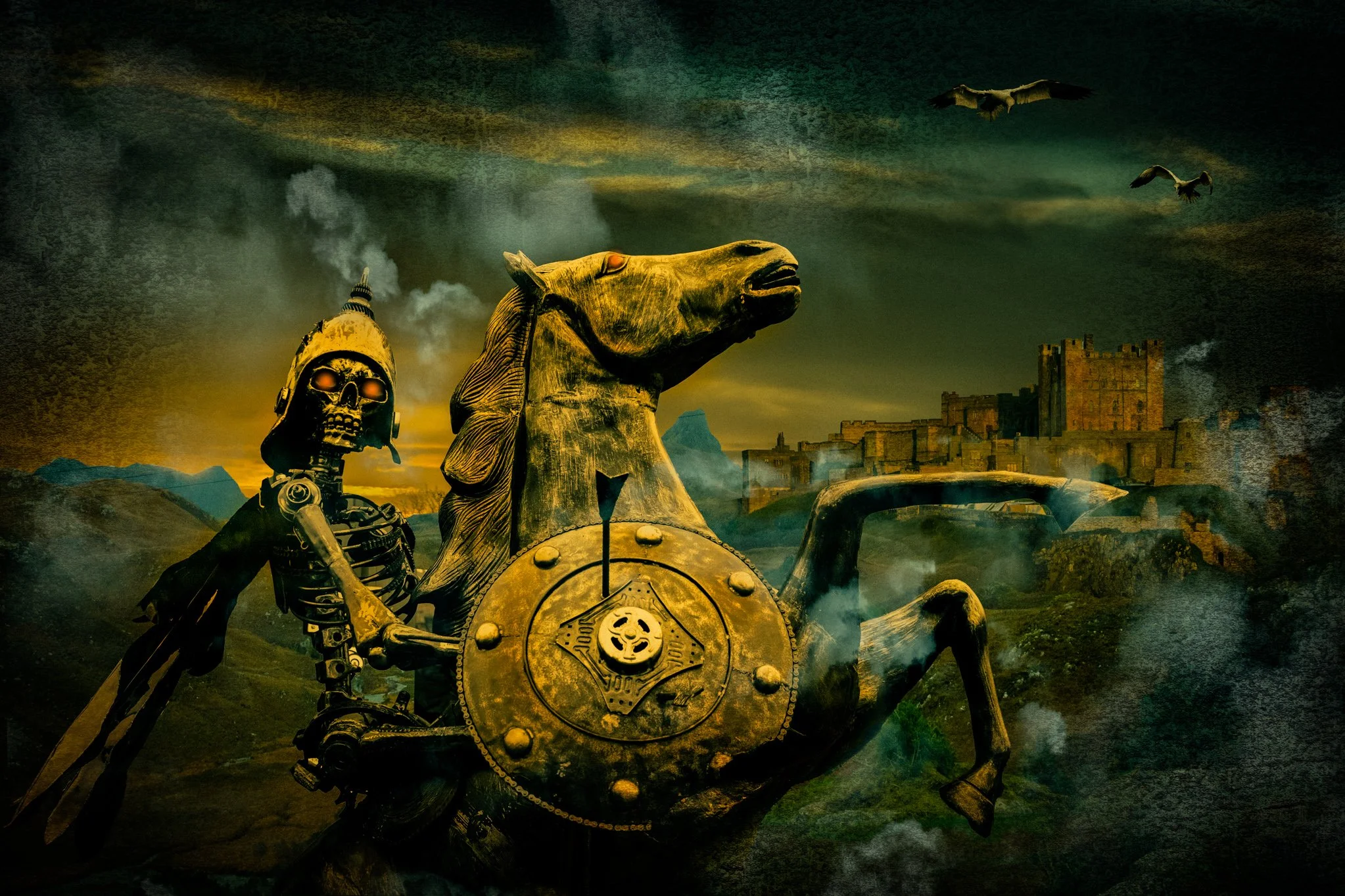 Death Rides a Stone Horse Dark-Art Photography by Catherine Knee. Post apocalyptic skeletal rider mounted on a rearing stone horse with shield, mist, birds and a distant castle under a dramatic sky.