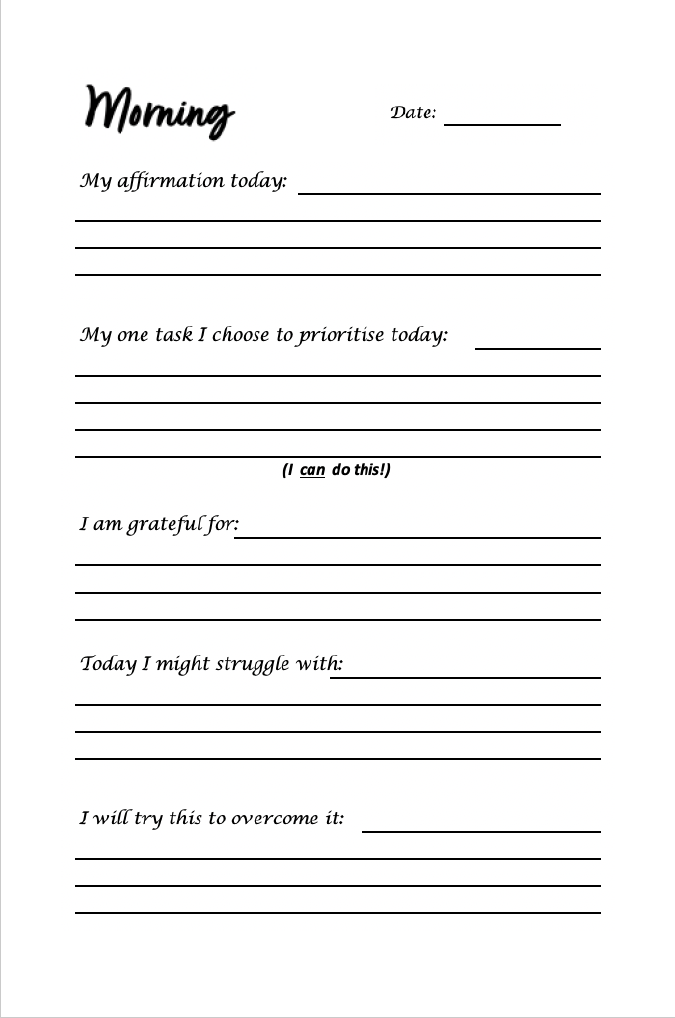 Inside page of Self Care Journal – structured morning planner layout