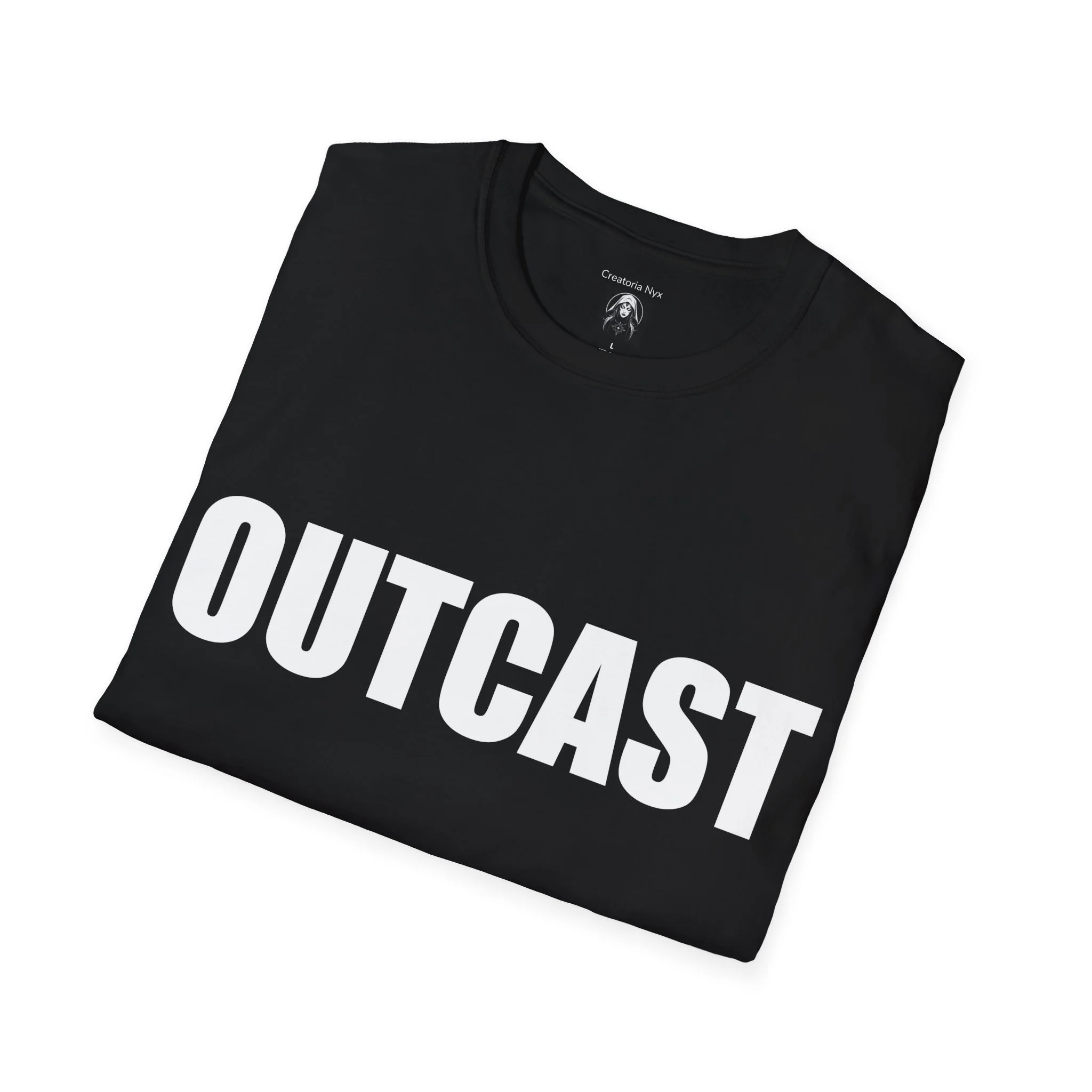 Outcast slogan T-shirt folded. Black shirt with bold white text design.
