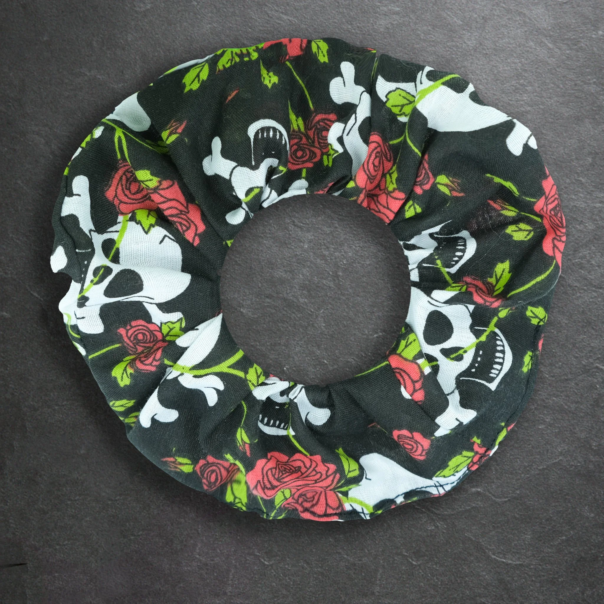 Black Axis Range scrunchie with white skulls and red roses, handmade gothic hair accessory by Creatoria Nyx