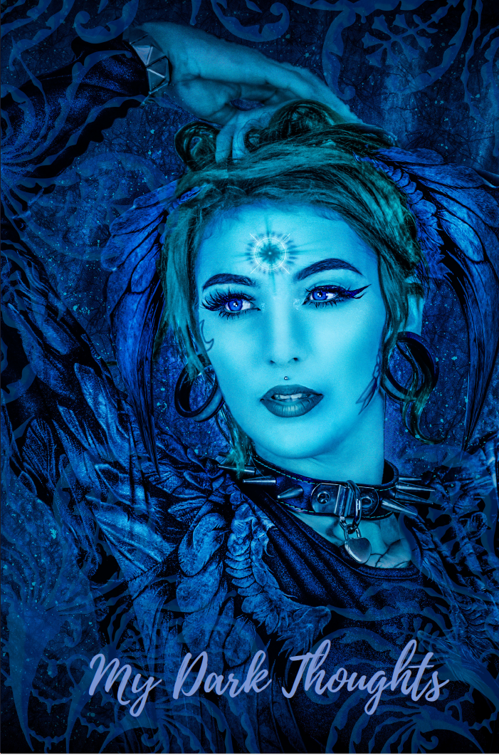 Front cover of notebook with striking blue portrait of a woman with glowing forehead symbol, dark collar, and dramatic styling, titled My Dark Thoughts