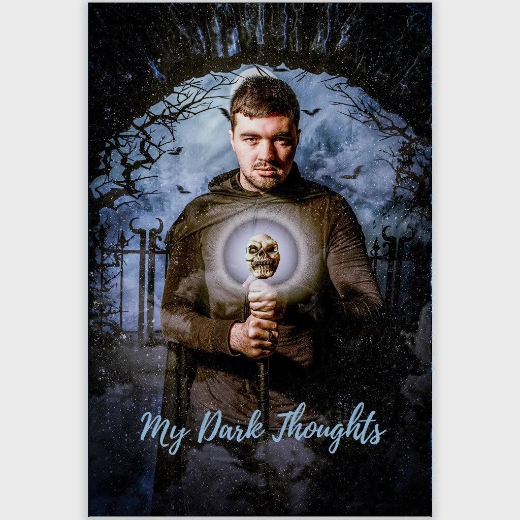 Square thumbnail of notebook front cover with man in dark cloak holding a staff topped with a skull, standing before gothic gates under a night sky, titled My Dark Thoughts
