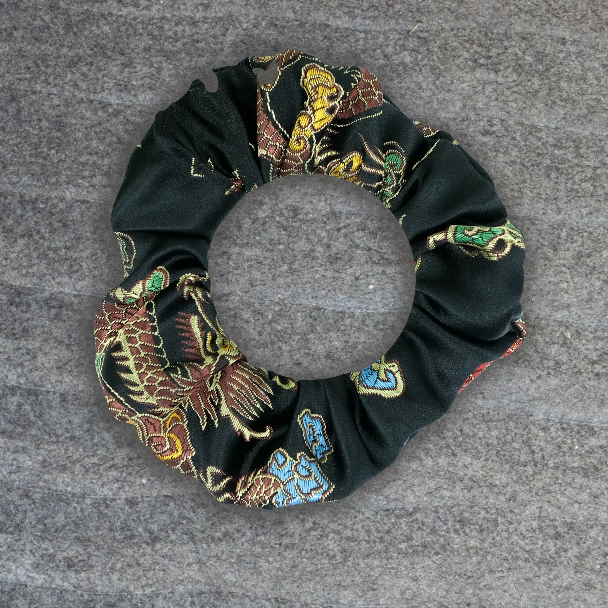 Black satin Axis Range scrunchie with gold Chinese dragon pattern, handmade alternative hair accessory by Creatoria Nyx