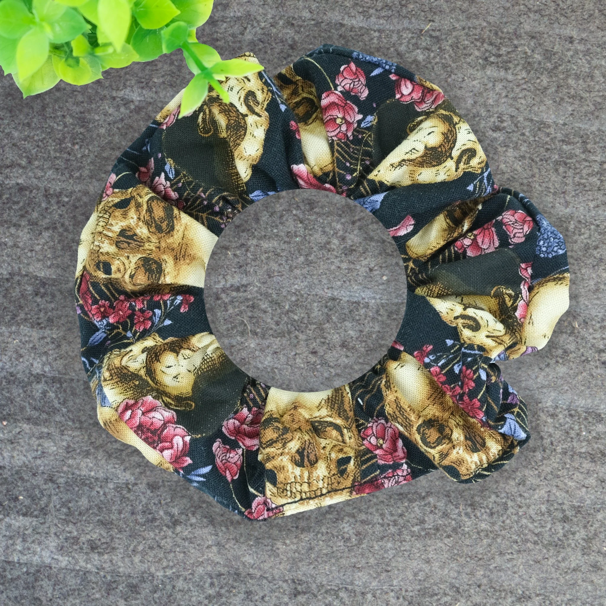 Black Axis Range scrunchie with gold skulls and roses pattern, handmade gothic hair accessory by Creatoria Nyx