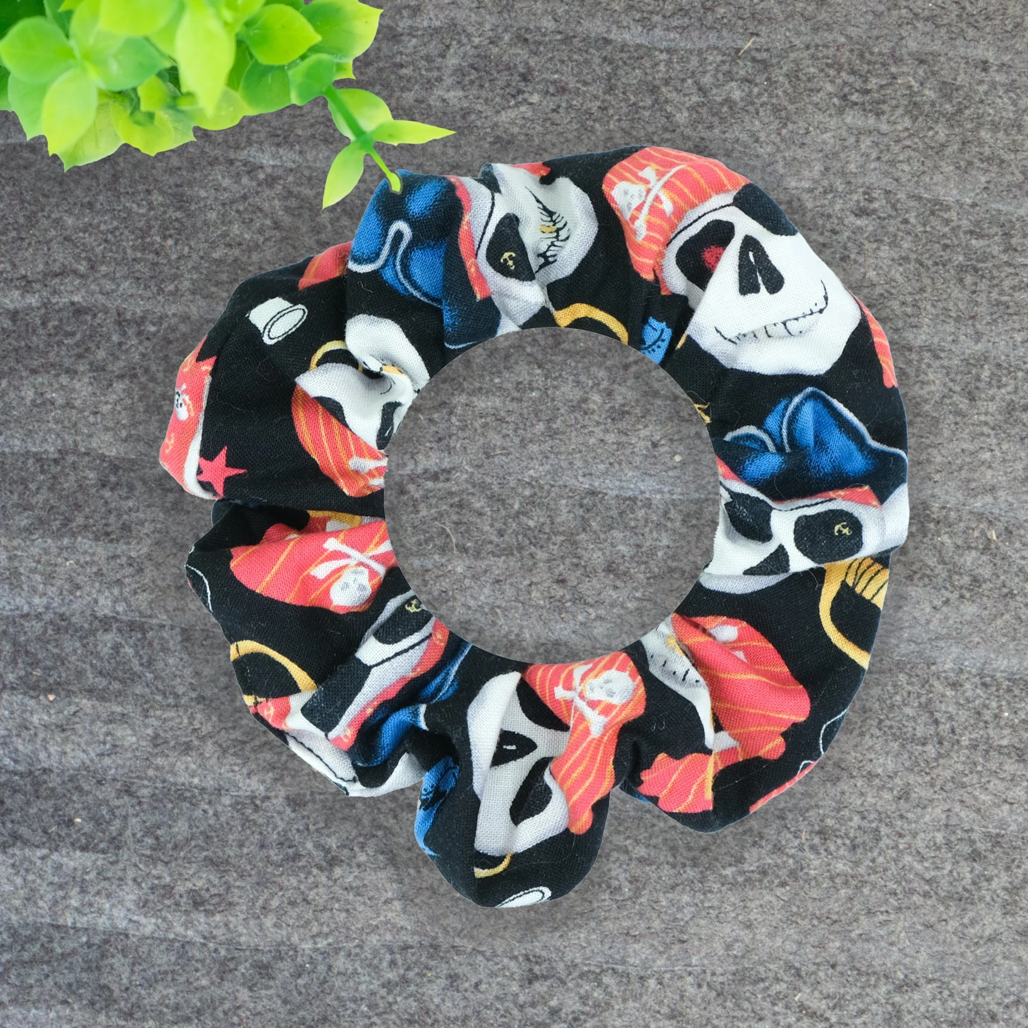 Black Axis Range scrunchie with large pirate skull pattern, handmade gothic hair accessory by Creatoria Nyx