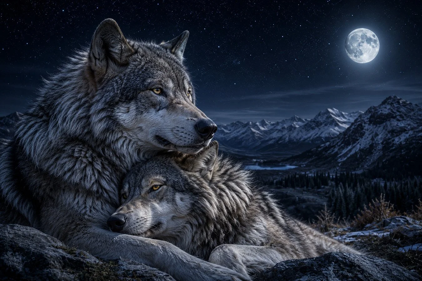 AI Illustration for poem "Wolf Lord" by Catherine Knee. A majestic silver wolf stands beside his devoted mate overlooking their pack at sunrise across a mountain wilderness.