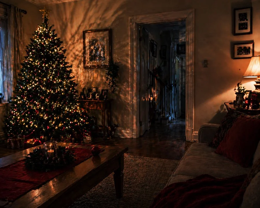 AI Illustration for story “The Hiding Place” by Catherine Knee. A dim but visible living room at Christmas with a decorated tree, disturbed baubles and a shadowed hallway beyond, creating a tense and eerie domestic atmosphere.