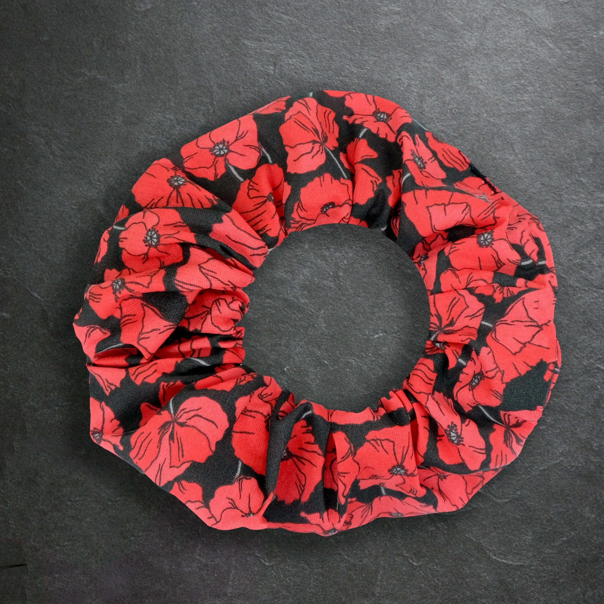 Black Axis Range scrunchie with red poppies, handmade alternative hair accessory by Creatoria Nyx