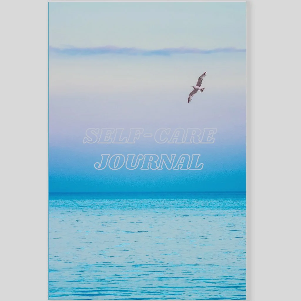 Square thumbnail of Self Care Journal front cover – muted dusk sea view with seagull in pink and blue