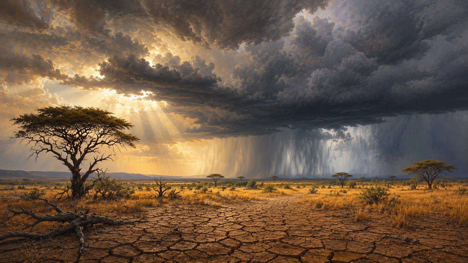 AI Illustration for poem "Waiting for the Rain" by Catherine Knee. Dramatic storm clouds gather over a drought stricken Zimbabwean landscape with cracked earth, acacia trees and distant curtains of rain.