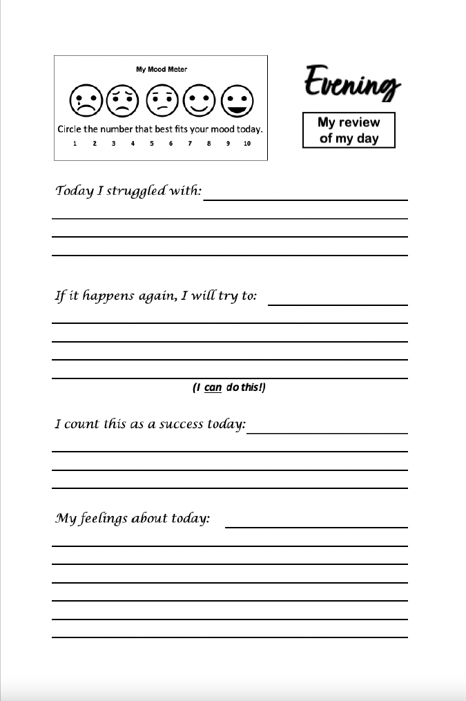 Inside page of Self Care Journal – evening reflection and review layout