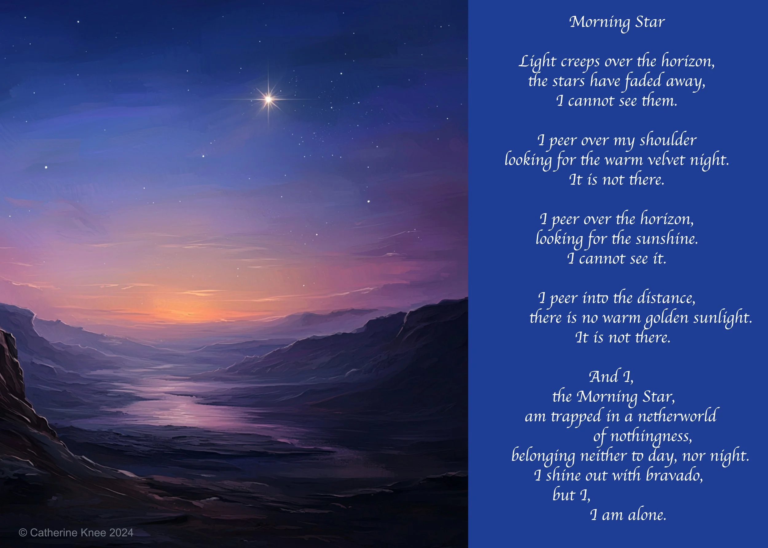 Wall art print of Morning Star, a poem by Catherine Knee of Creatoria Nyx, paired with an AI-generated twilight canyon illustration and presented as poetry wall art.