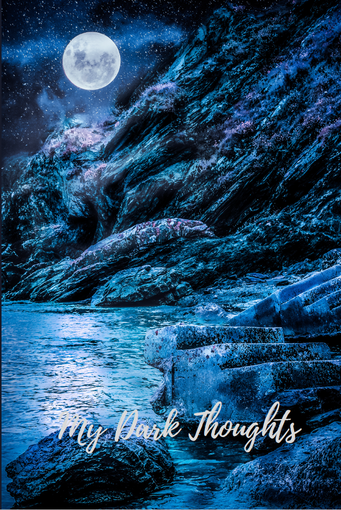 Front cover of notebook with moonlit rocky coastline in deep blue tones and the title My Dark Thoughts