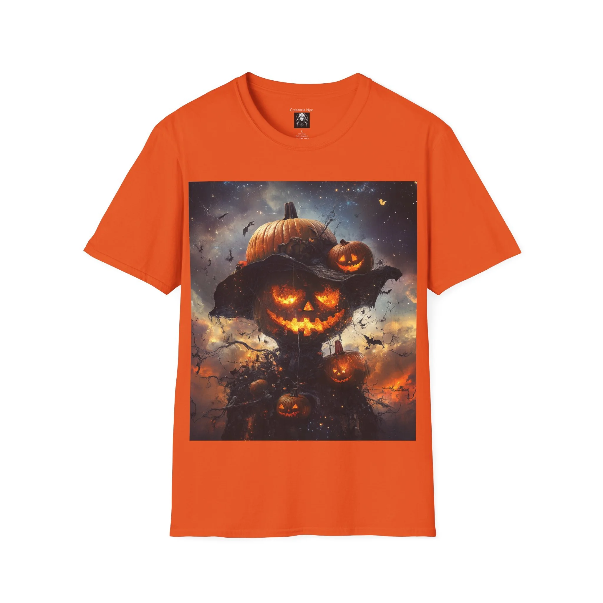 Orange Halloween Range Tshirt with Spooky Scarecrow, fiery eyed pumpkin scarecrow design, front view