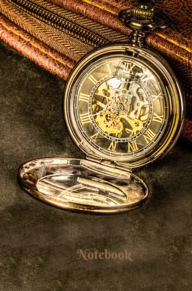 Front cover of sepia toned notebook with vintage pocket watch and leather wallet design