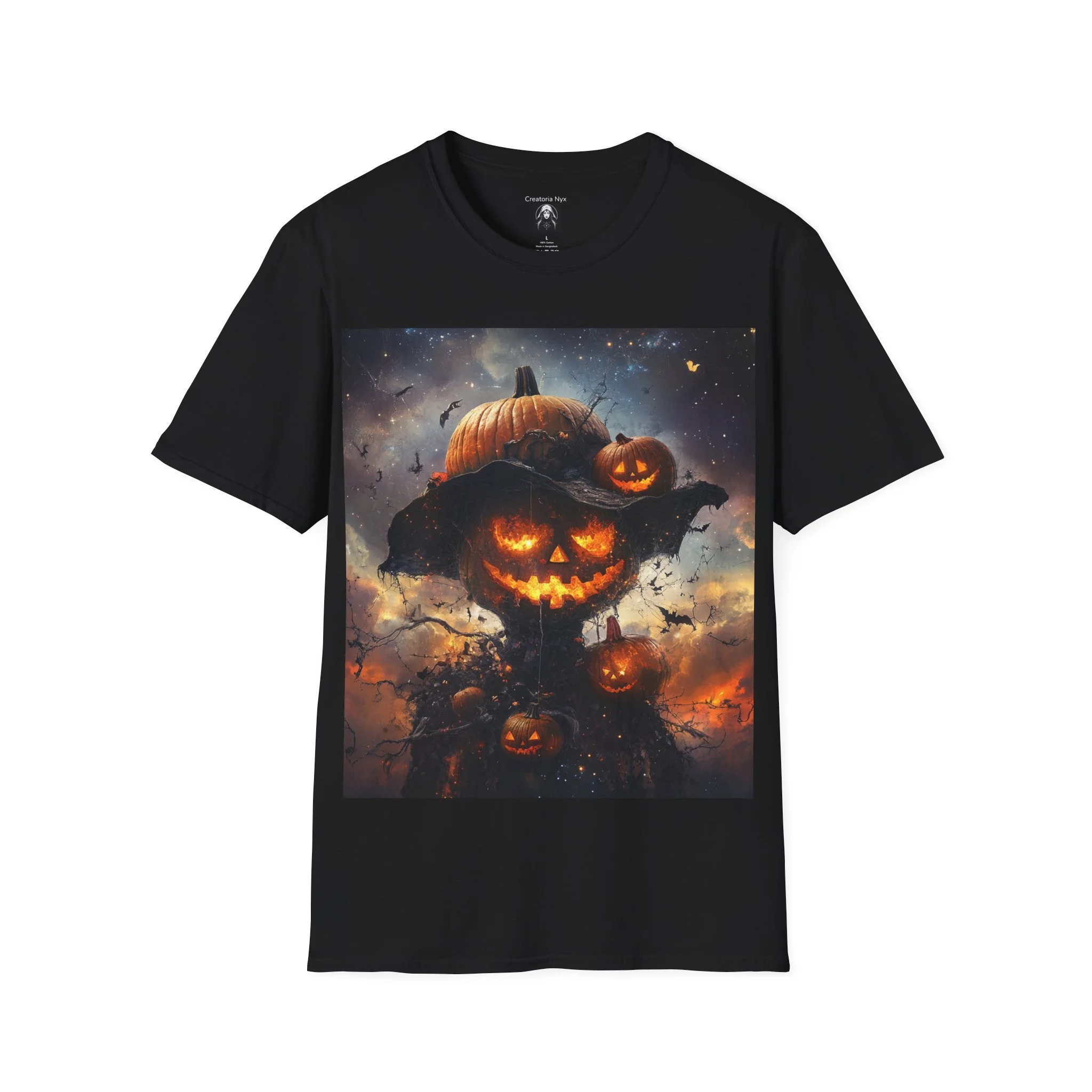 Black Halloween Range Tshirt with Spooky Scarecrow, fiery eyed pumpkin scarecrow design, front view
