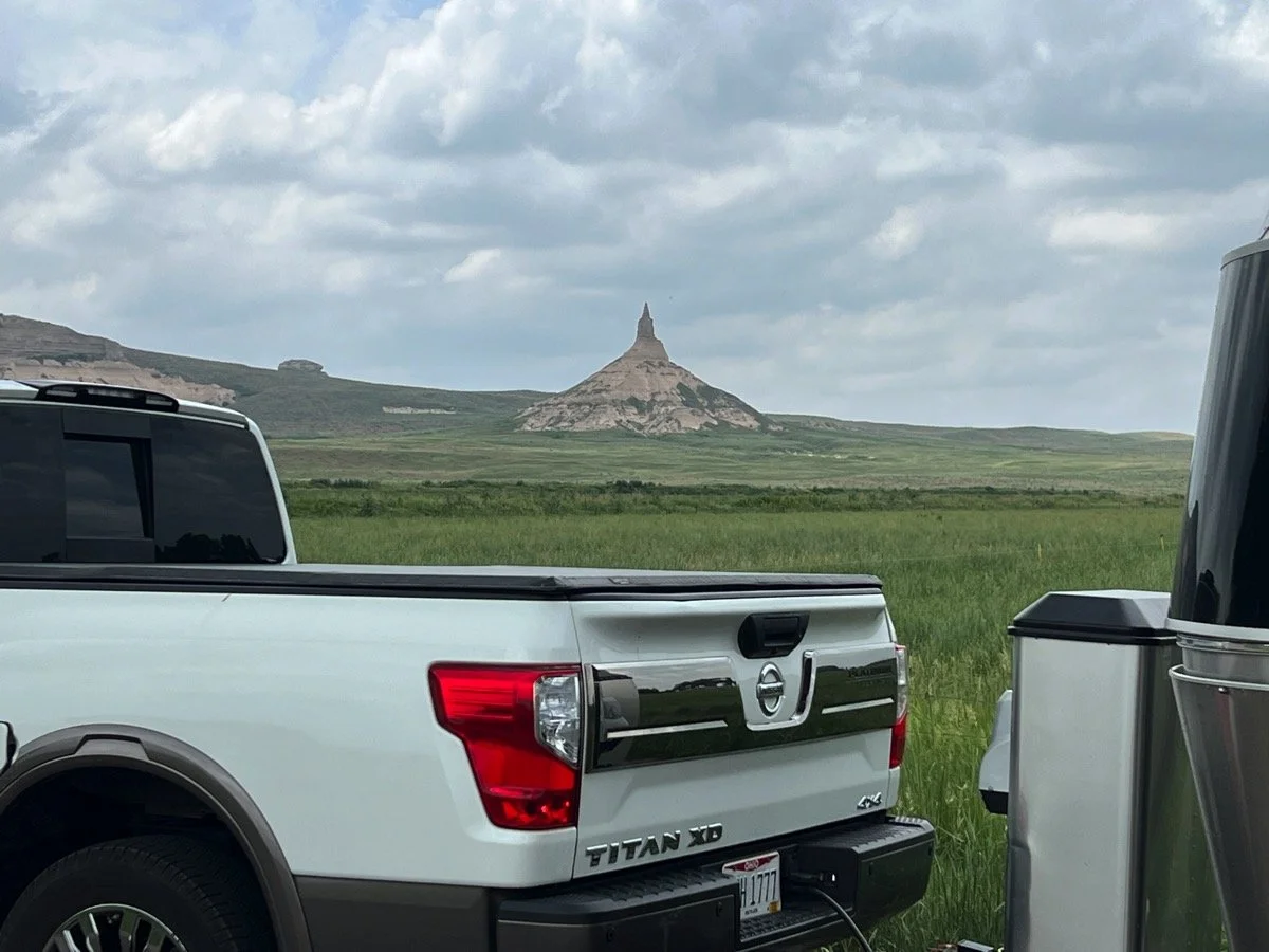 Our modern "wagon" with Chimney Rock