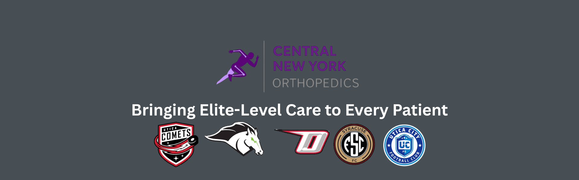 Sign for Central New York Orthopedics with a logo of a running person and text about orthopedic surgery, sports medicine specialists, and team physicians in Syracuse, NY.