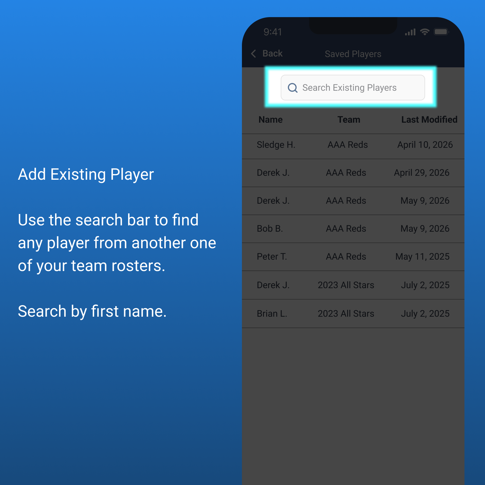Add Existing Player - Search
