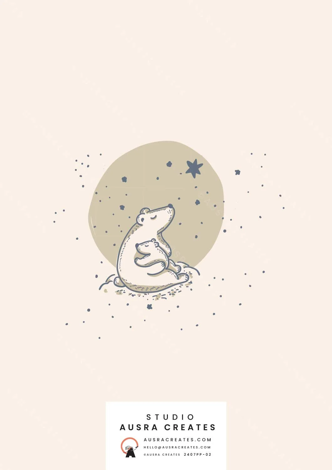 A cute placement print of  Mama and Baby Bear under a Starry Night in sand available for art licensing