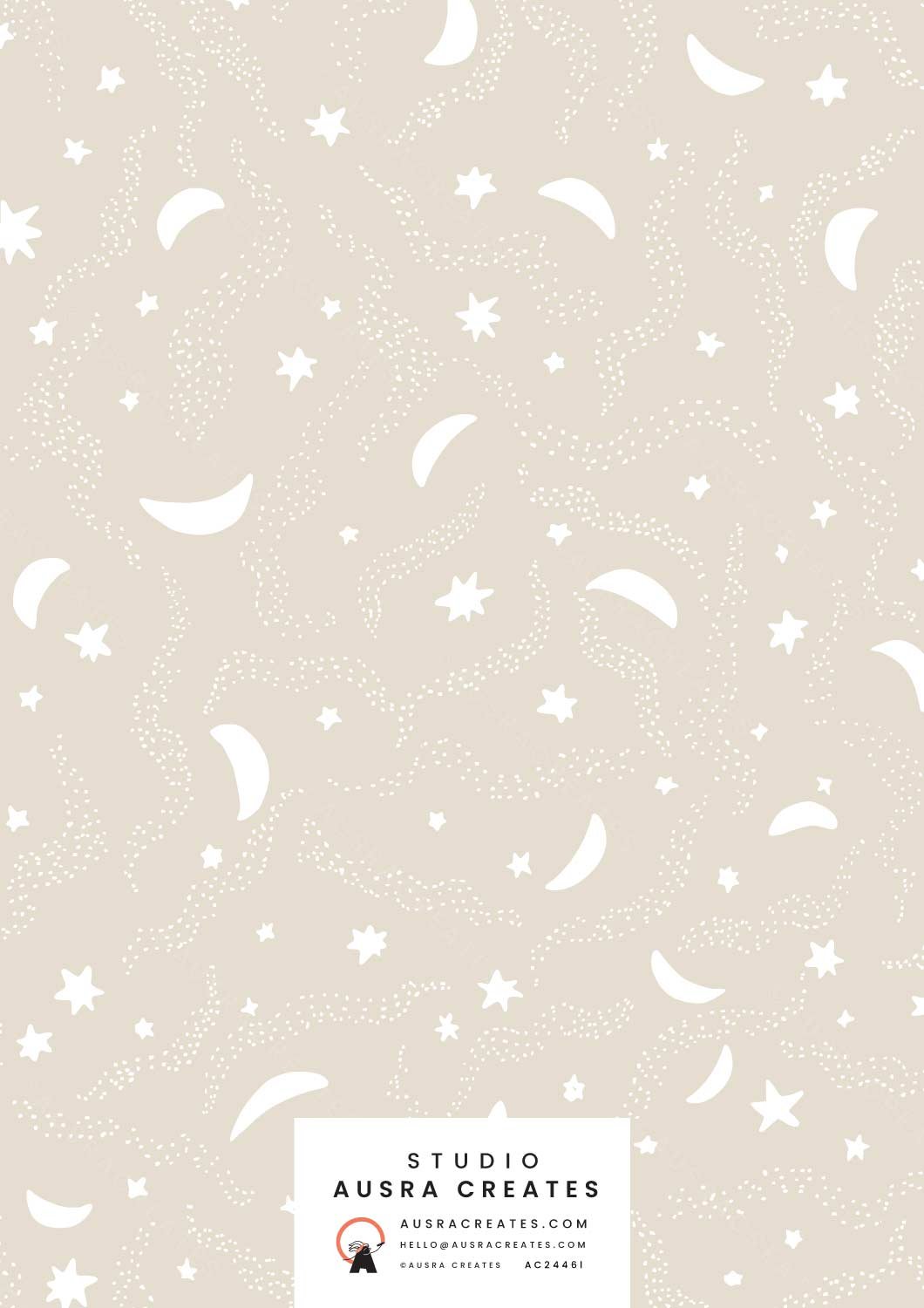 A calm serene unisex celestial night sky newborn  design of a Starry Night in neutral unisex sand beige cream available for art licensing