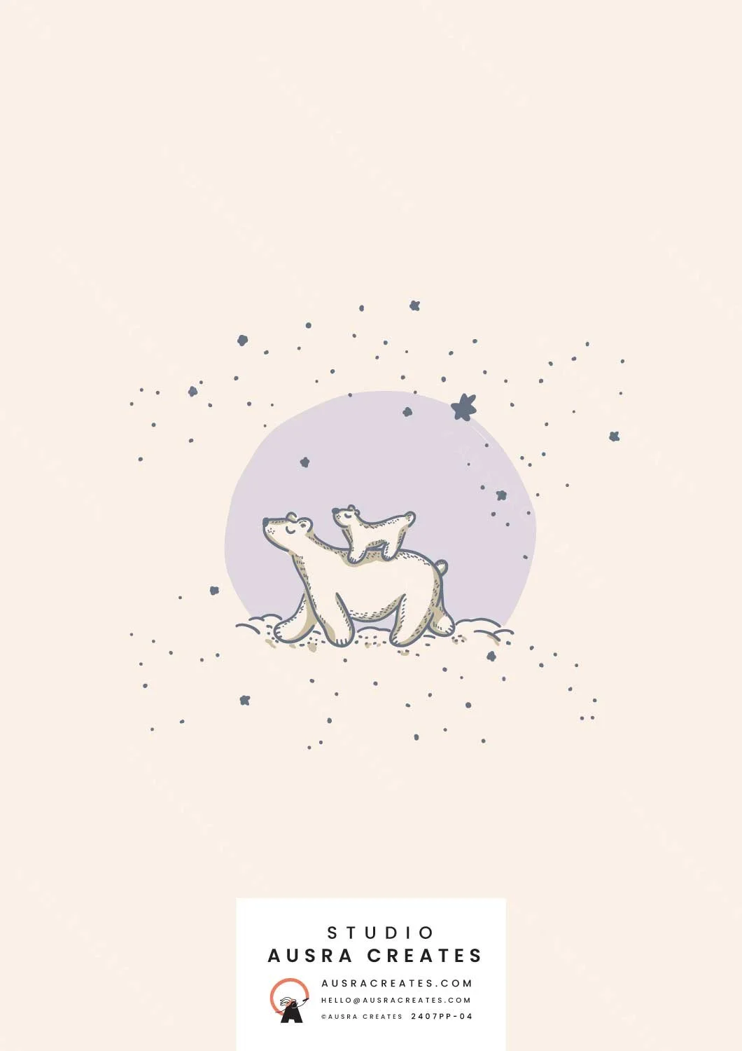 A cute placement print of  Mumma and Baby Bear under a Starry Night in lilac and sand available for art licensing