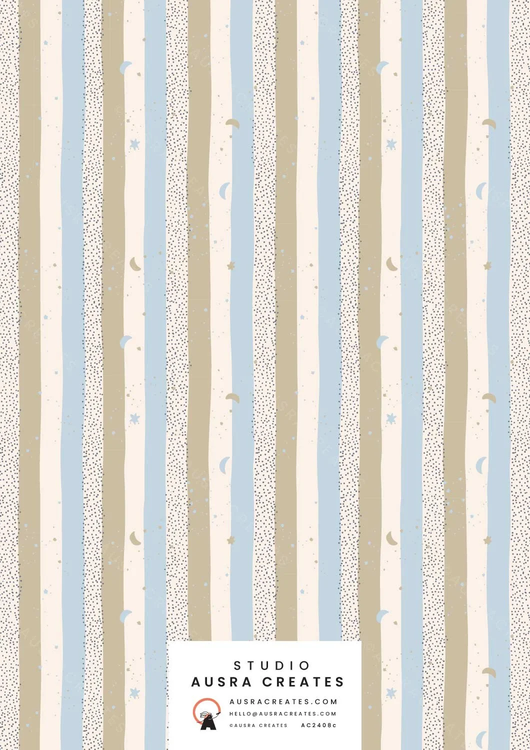 A cute newborn  candy stripe of celestial night - stars, moons and mini snowflakes in baby blue and sand; available for art licensing